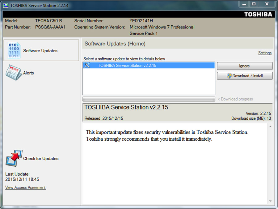 Security updates for Toshiba Service Station